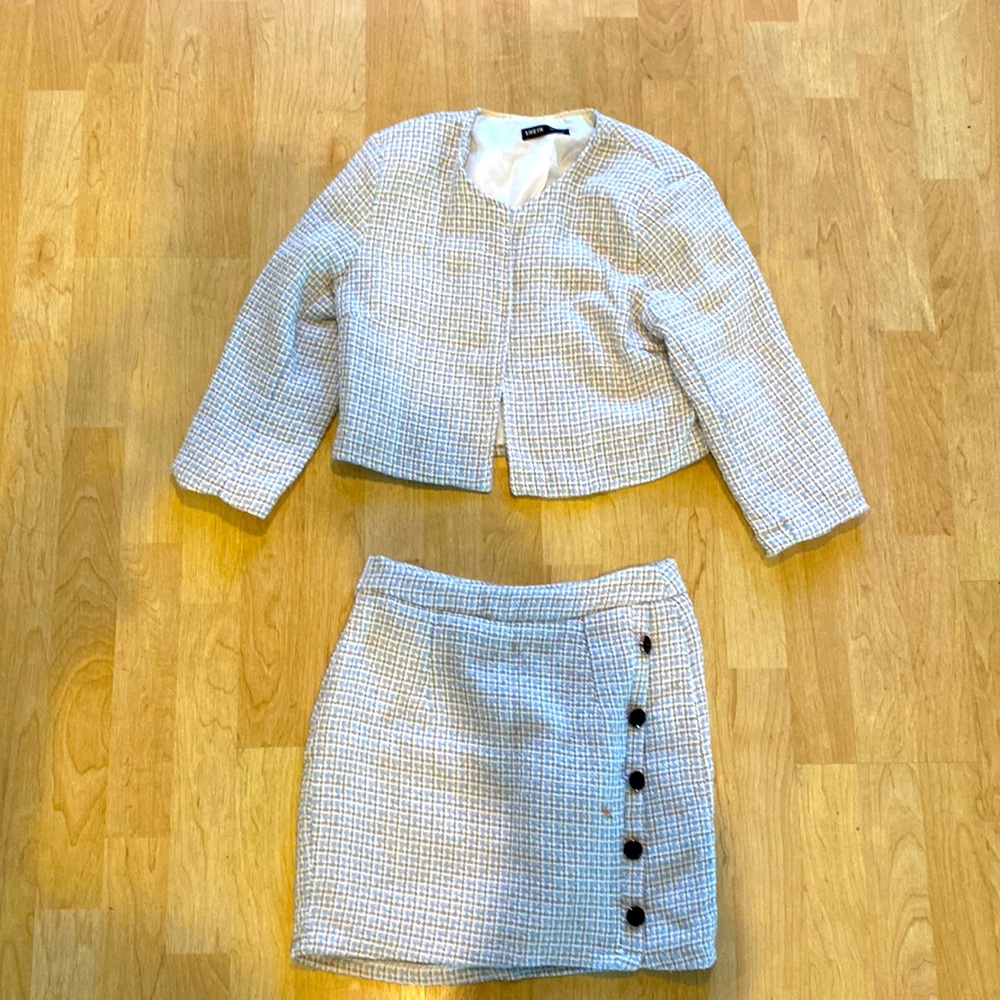 Two piece light blue tweed set